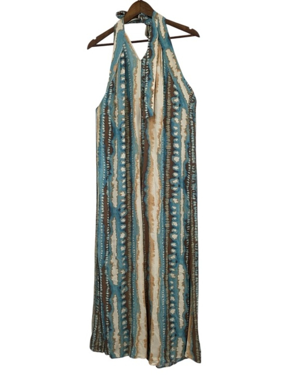 ILLA ILLA Blue, Cream & Brown Printed Halter Wide Leg Jumpsuit